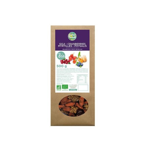 Mélange de 4 super fruits Goji, Cranberries, Physalis et Myrtilles biologiques* 250 g Mélange de 4 super fruits Goji, Cranberries, Physalis et Myrtilles biologiques* 250 g