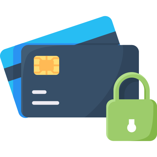 Two credit cards, one blue and one dark blue, are shown with a green padlock in front, symbolizing secure payment or financial security.