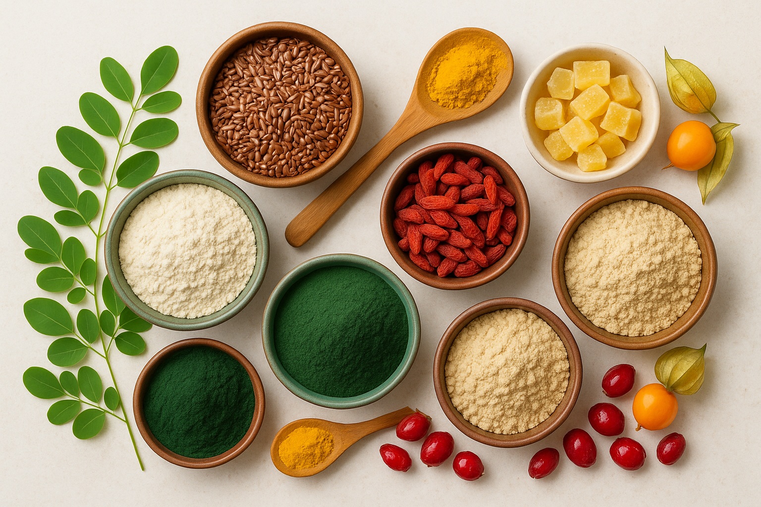 Super-aliments tablée de Super-aliments, notamment 2 bols de moringa en poudre, 1 bol de goji, 1 bol de dés de gingembres confits, 2 bols de poudre d'acérola ou de psyllium, un bol de poudre de konjac en poudre, un bol de graines de chia, deux cuillères de curcuma, une feuille de moringa, des baies de physalis et des baies rouges