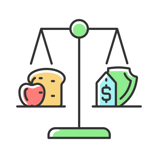Une balance sur laquelle on trouve d'un côté une mie de pain et un fruit et de l'autre côté un poids avec le sigle de dollar ainsi qu'un bouclier